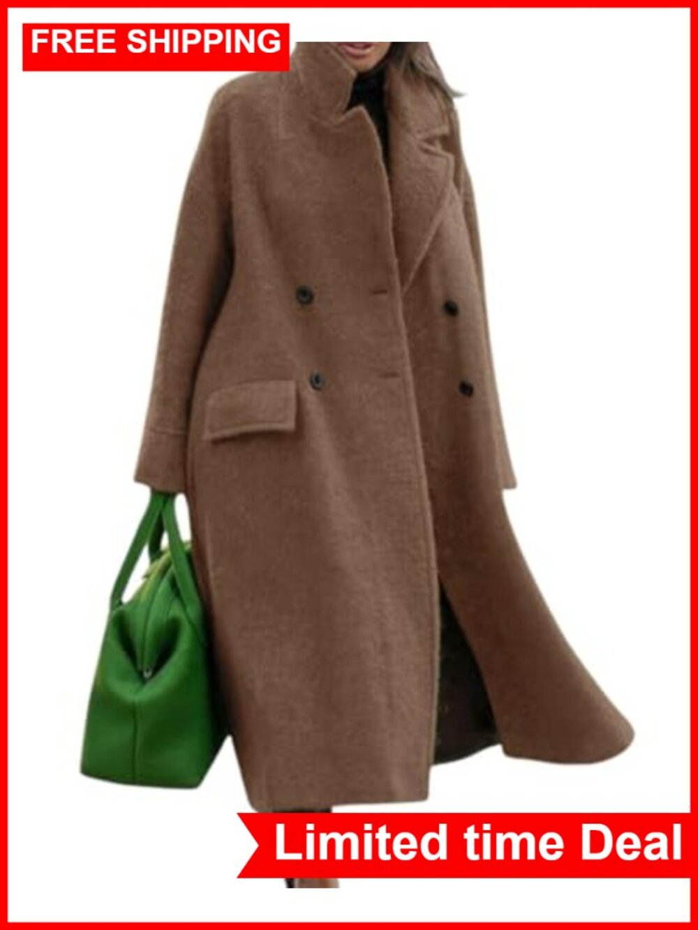 Oversized Long Wool Blend Pea Coat Warm Winter Trench Overcoat